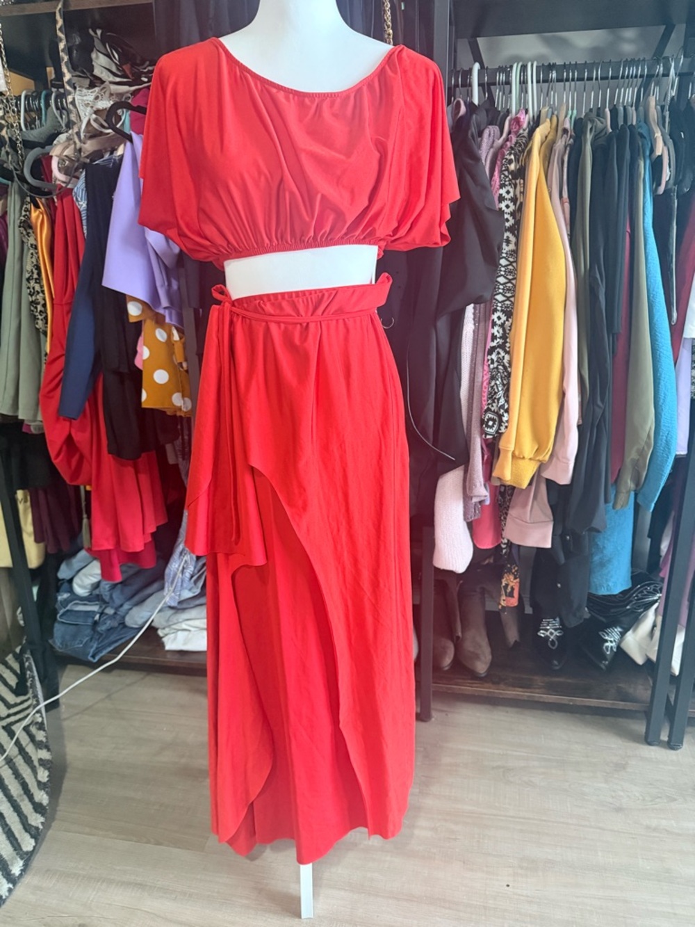 Elegant Red Two-Piece Maxi Dress